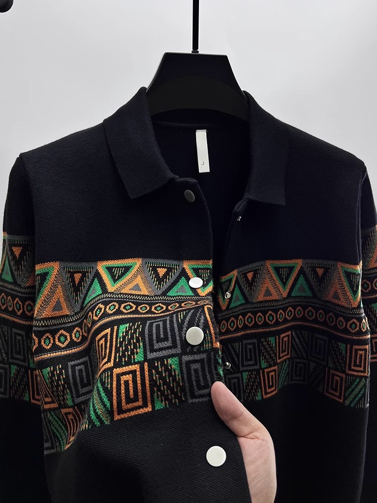 Urban Ethnic Fashion - Modische Herren-Strickjacke mit Kragen Schwarzer Ethno-Cardigan