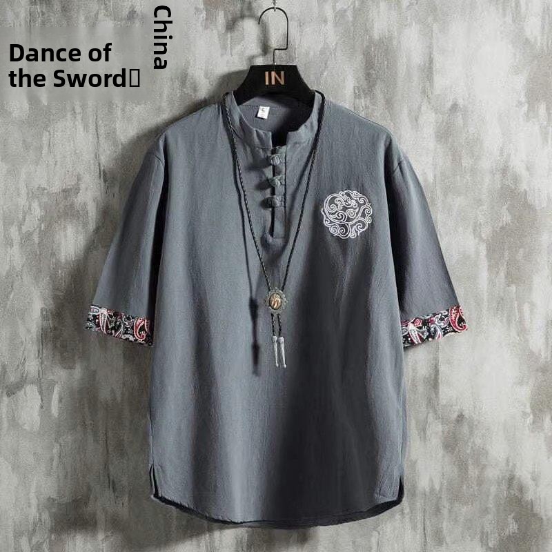 Urban Ethnic Fashion - Leinen-Kurzarm-T-Shirt für Herren, Sommer-Halbarm-Stil, Übergröße, Baumwolle-Leinen,