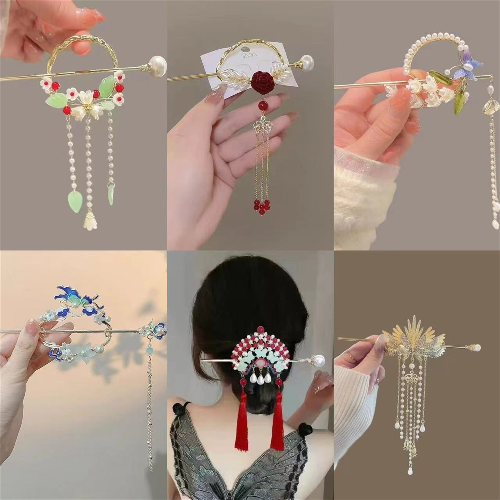 Ethnic Fashion Girls - Ethnische Haarnadel für Frauen, exquisite Glitzer-Blumen-Quasten-Haarnadel,