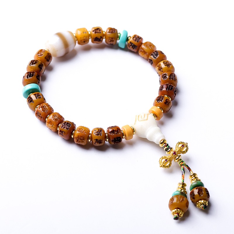 Ethnic Fashion Way - Knochen-geschnitztes Sechs-Wort-Mantra Vajra-Stab Tibetisches Armband, Geweih-Perlenarmband