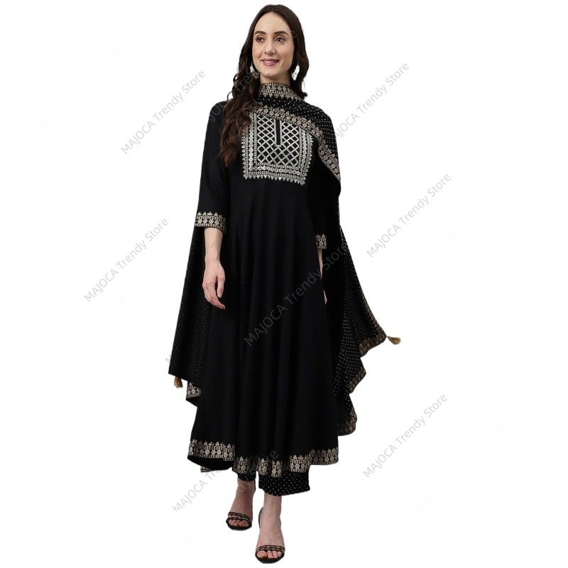 Salwar Kameez Set - Indisch-Pakistanisches Damen Schwarzes Rayon Kurta Hosen
