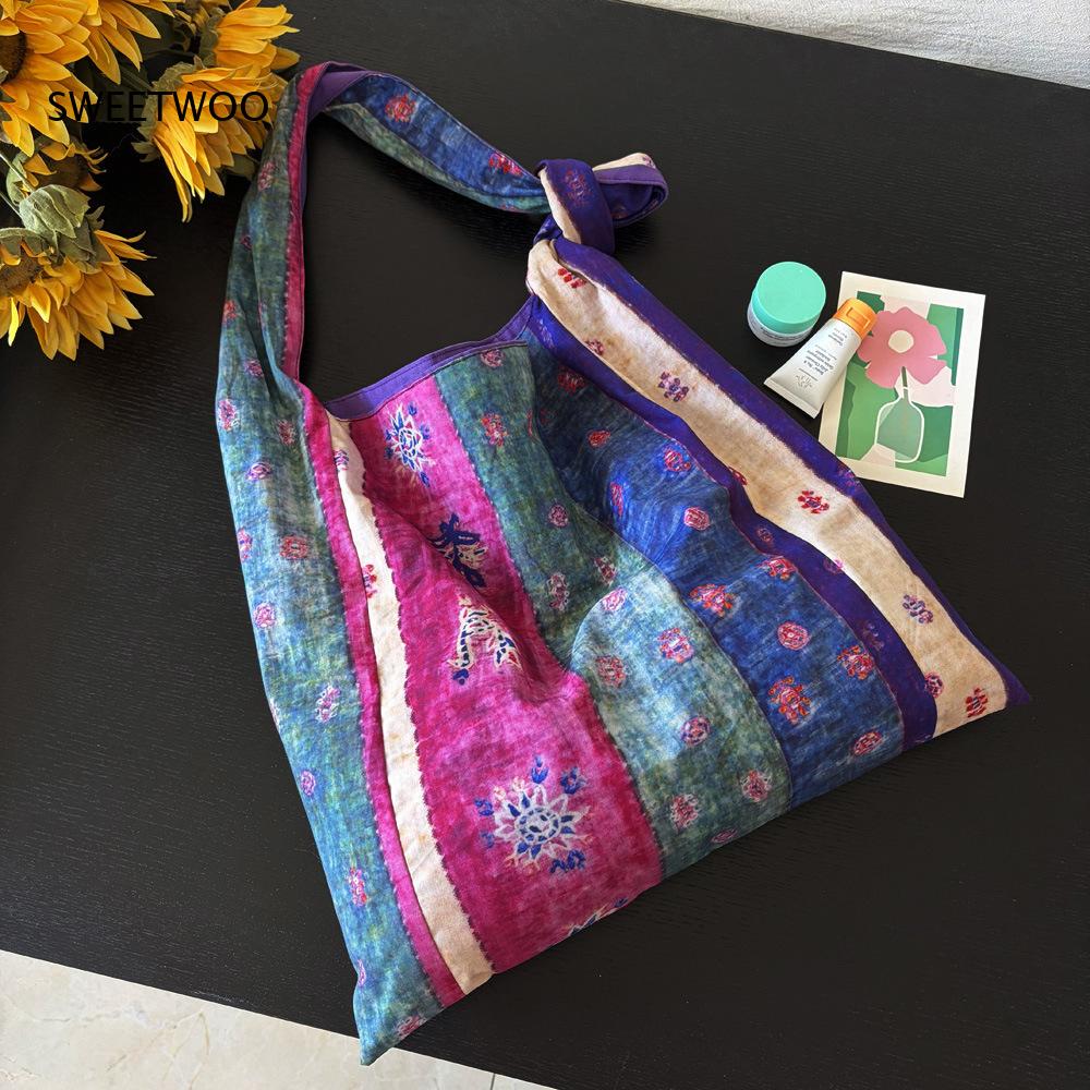 Ethnic Fashion Way - Lila Patchwork Ethnische Streifen Baumwoll-Tragetasche Verstellbarer