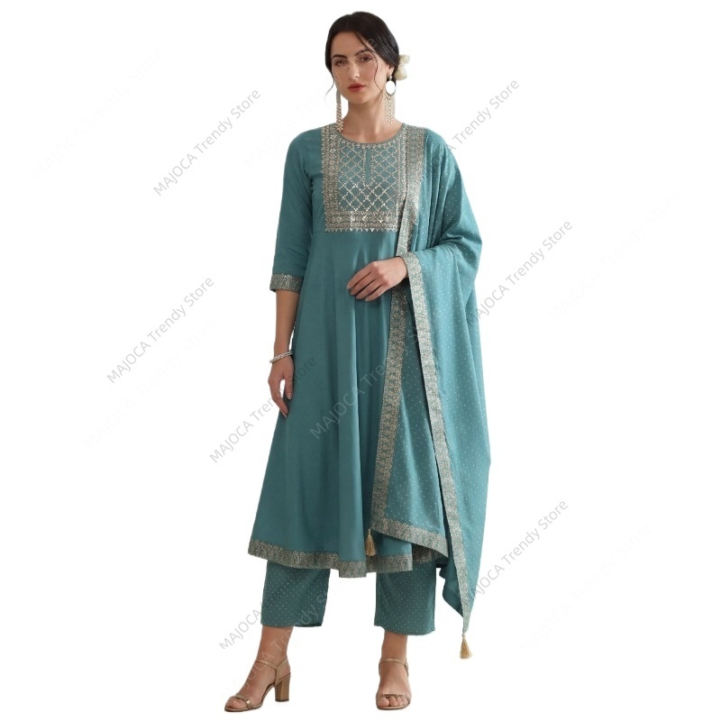 Salwar Kameez Set - Pfauenblauer Indischer 3-Teiliger Anzug für Frauen
